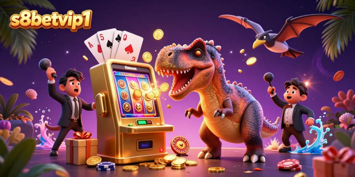 s8betvip1 showcases a dinosaur-themed jackpot scene with a pachycephalosaurus and casino elements.