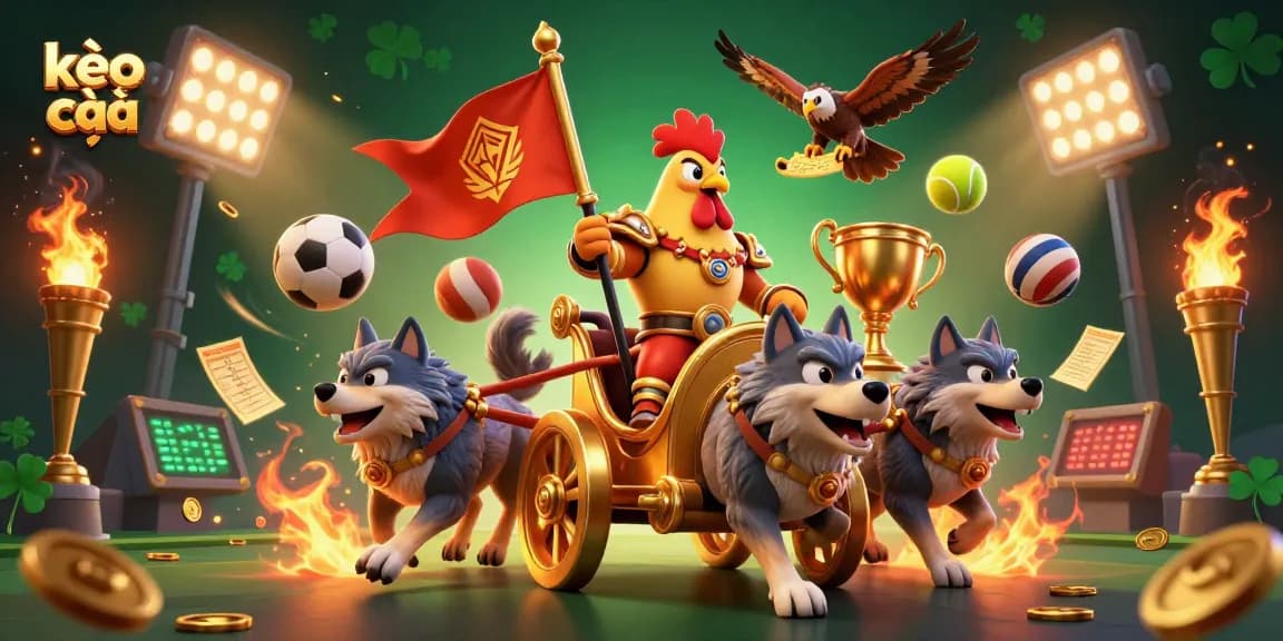 Engage with dynamic kèo nhà cái action, featuring a golden war chariot amidst vibrant sports elements.