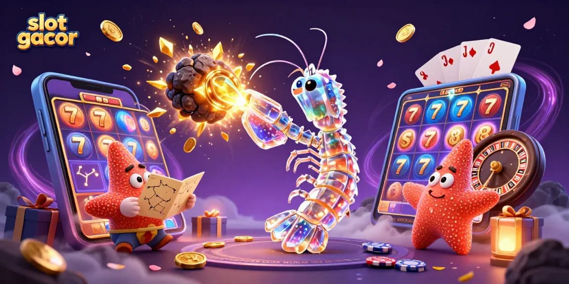 Experience the thrill of slot gacor with a vibrant scene of a mantis shrimp and starfish amidst golden coins.