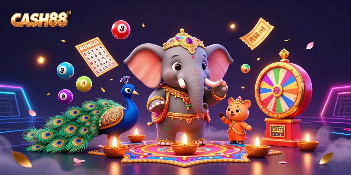 CASH88 players celebrating wins with colorful game elements in a festive casino setting.