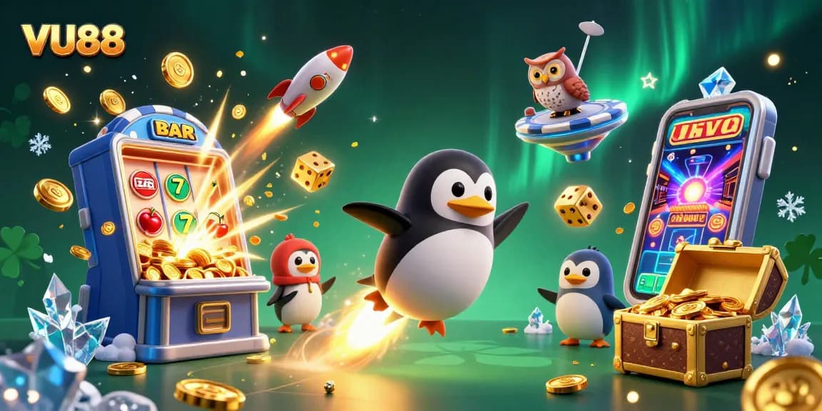 Experience thrilling gaming adventures at VU88 with a vibrant 3D illustration showcasing a golden penguin and jackpot celebrations.