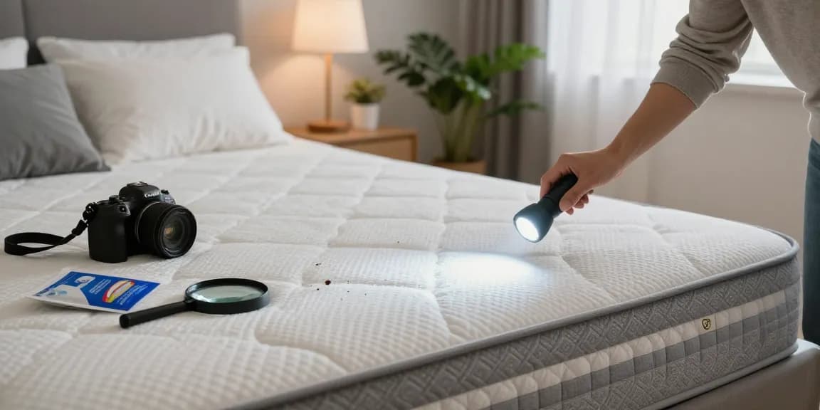 Bed bug exterminator inspecting a mattress for signs of infestation in a cozy bedroom.