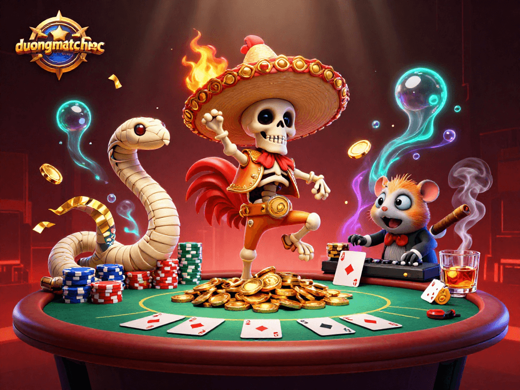 Engage in duongmatchuoc as a vibrant 3D cartoon scene with characters celebrating around a dynamic poker setup.