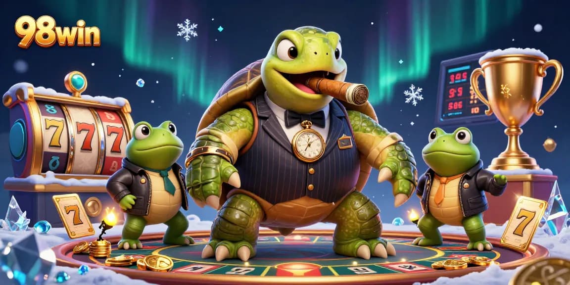Play slot games with 98win, featuring cartoon characters amid vibrant casino-themed elements.