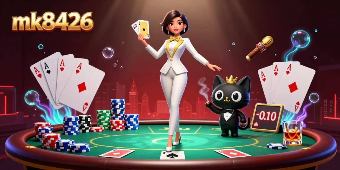 Experience mk8426 with a glamorous dealer shuffling cards among vibrant casino elements.