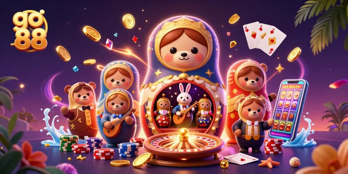 Experience the thrill of go 88 with vibrant casino elements and colorful characters in this 3D illustration.