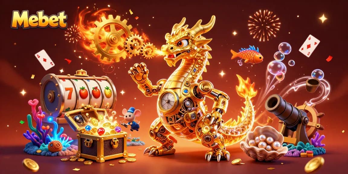 Mebet offers a captivating casino adventure with animated characters, slot reels, and a magical atmosphere.