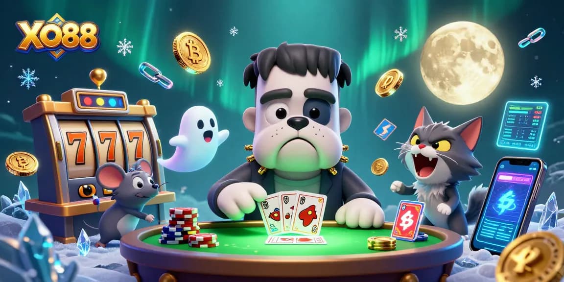 Engage with exciting games at XO88 casino with a colorful illustration featuring vibrant characters and neon elements.