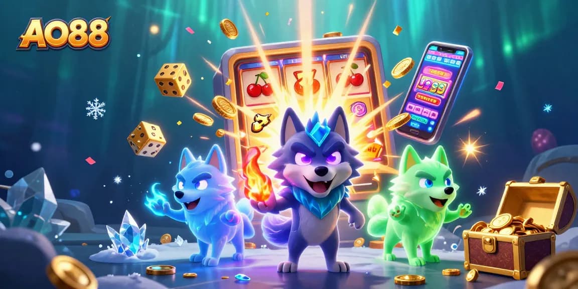 Engage with AO88's thrilling casino scene featuring vibrant slot machines and dynamic characters.