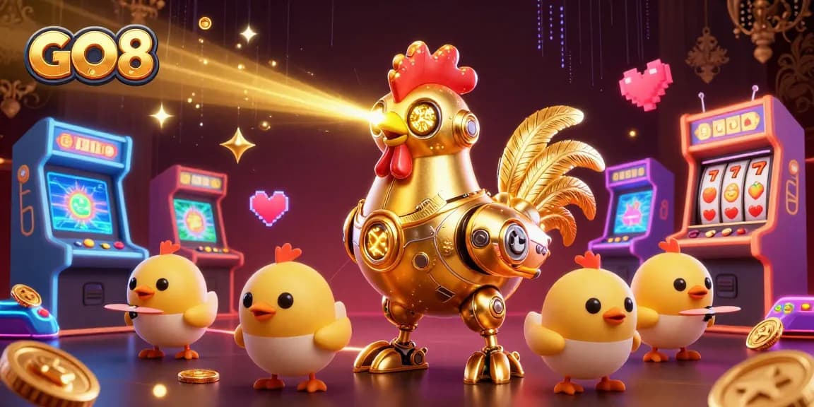 Engage with the exciting GO8 slot experience featuring a golden rooster robot and arcade elements.