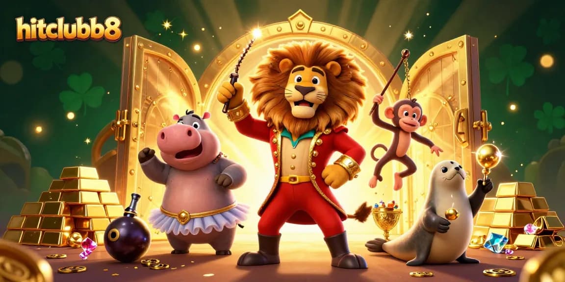 Experience the excitement of hitclubb8 with a vibrant 3D circus-themed casino illustration.