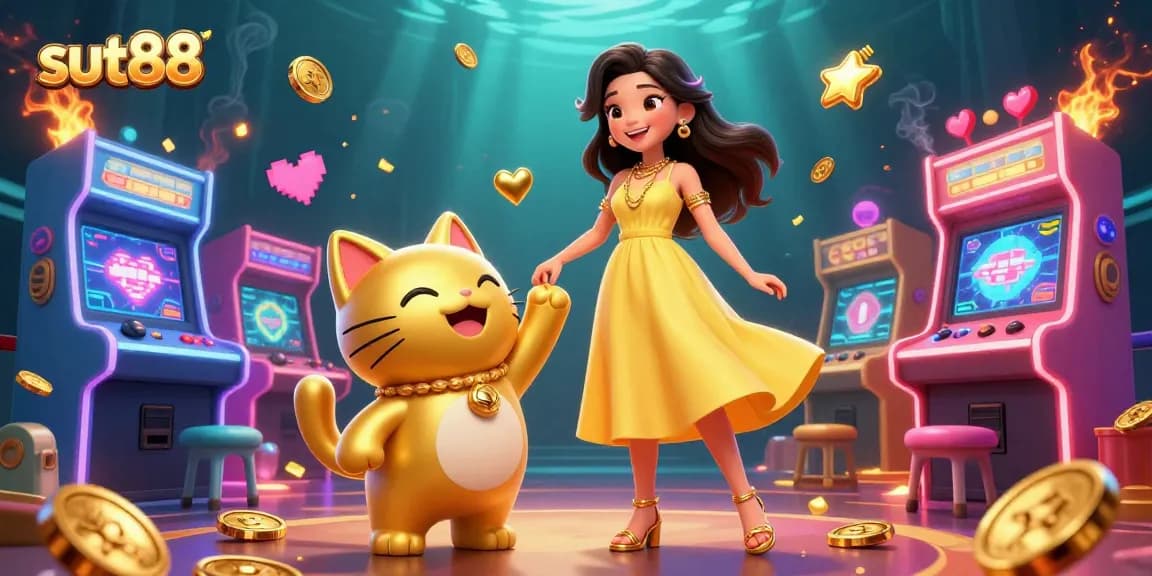 Spin to win at sut88 with a cheerful woman and a lucky cat amidst golden coins and gaming excitement.