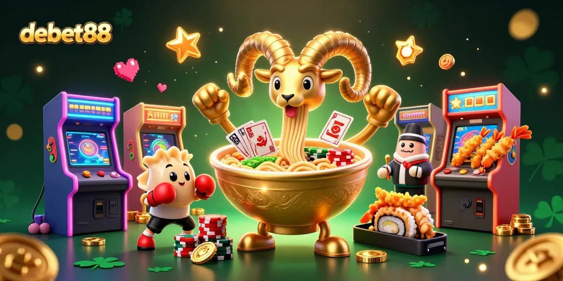 Experience excitement with debet88, featuring a vibrant casino-themed cartoon illustration.