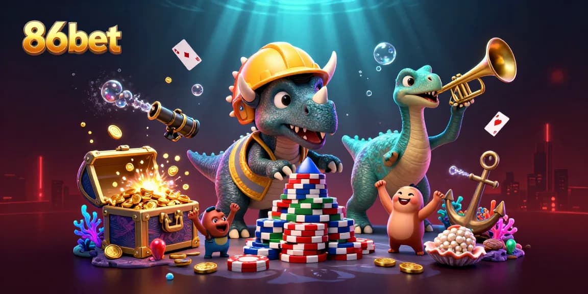 Engage with 86bet's vibrant casino world as triceratops builds poker chip pyramid for epic gaming adventure.
