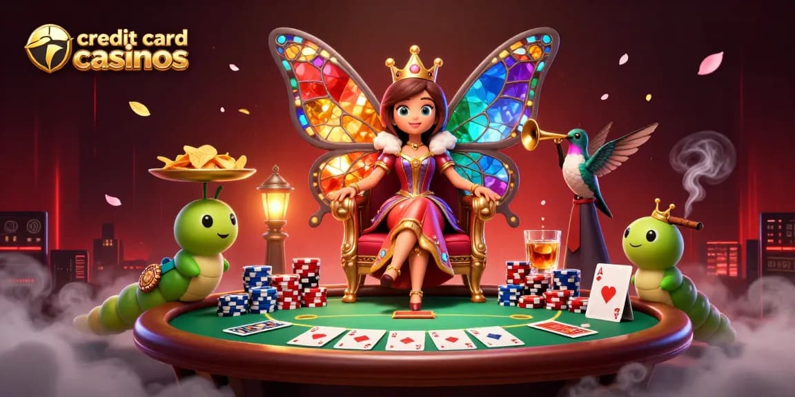 Engage with vibrant credit card casinos featuring a butterfly queen and poker elements.