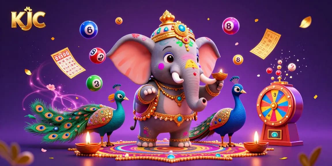 KJC engages players in a vibrant casino scene showcasing colorful lottery balls, dynamic prizes, and festive characters.