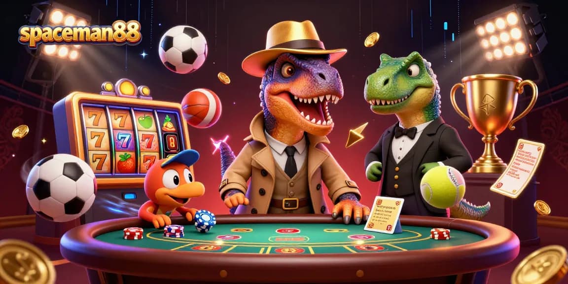 spaceman88 wins at slots with a card-counting velociraptor in a vibrant casino scene.