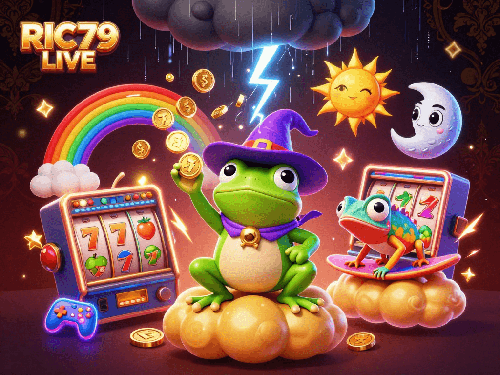 Engage in the vibrant RIC79 LIVE casino experience with characters creating a gold coin storm.