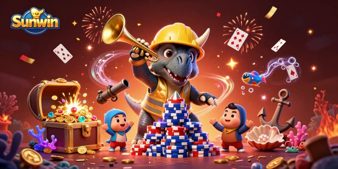Experience Sunwin's thrilling gaming atmosphere with a vibrant 3D illustration celebrating casino adventure.