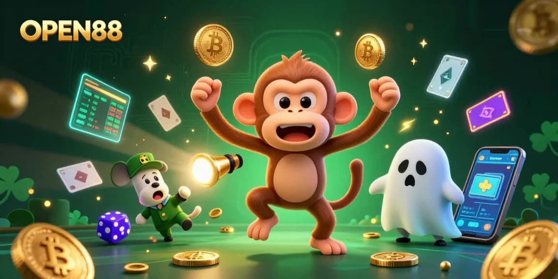 OPEN88 showcases a playful scene of a mischievous monkey juggling while a puppy tracks it, highlighting casino fun.