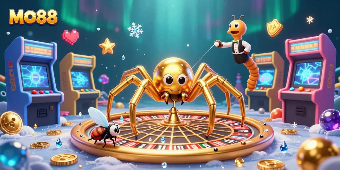 Bet at MO88's roulette wheel as a golden spider spins a massive web in this vibrant casino scene