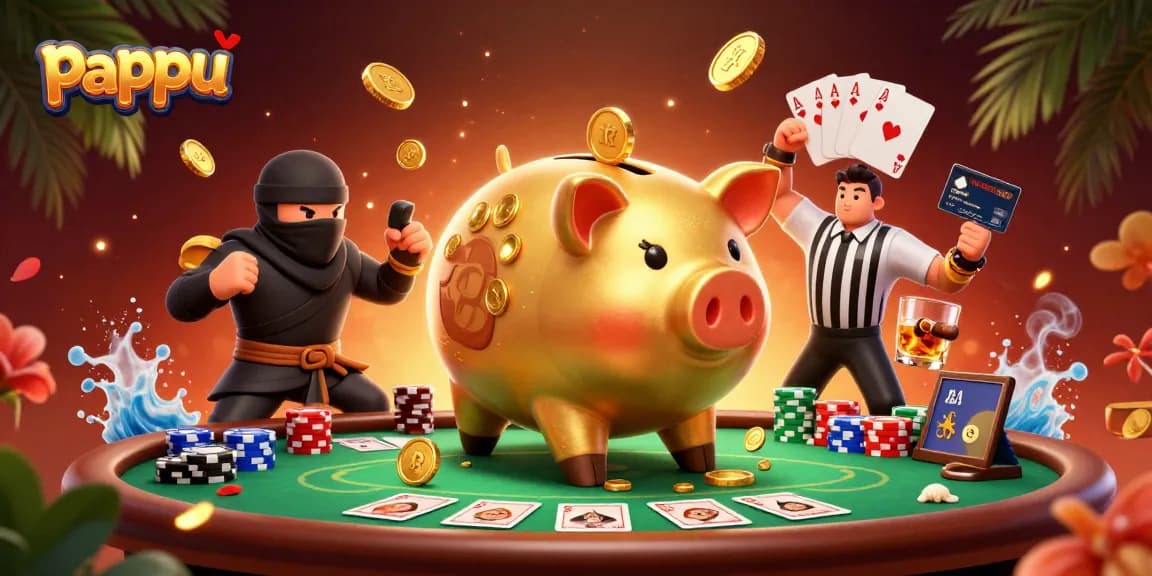 Pappu game scene featuring a golden piggy bank sumo wrestler and vibrant poker elements