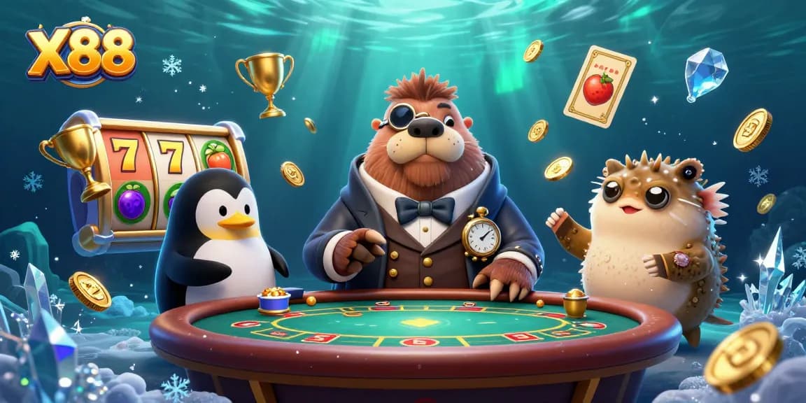 Experience thrilling X88 casino games underwater with a walrus, penguin dealer, and pufferfish player.