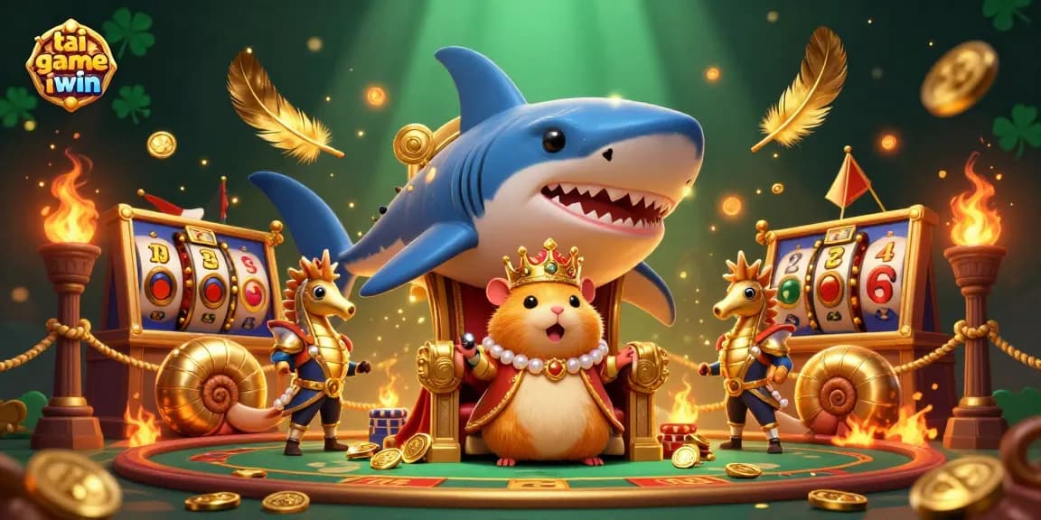 Engage in thrilling gameplay with tai game iwin while a golden hamster king reigns over vibrant slot machine treasures.