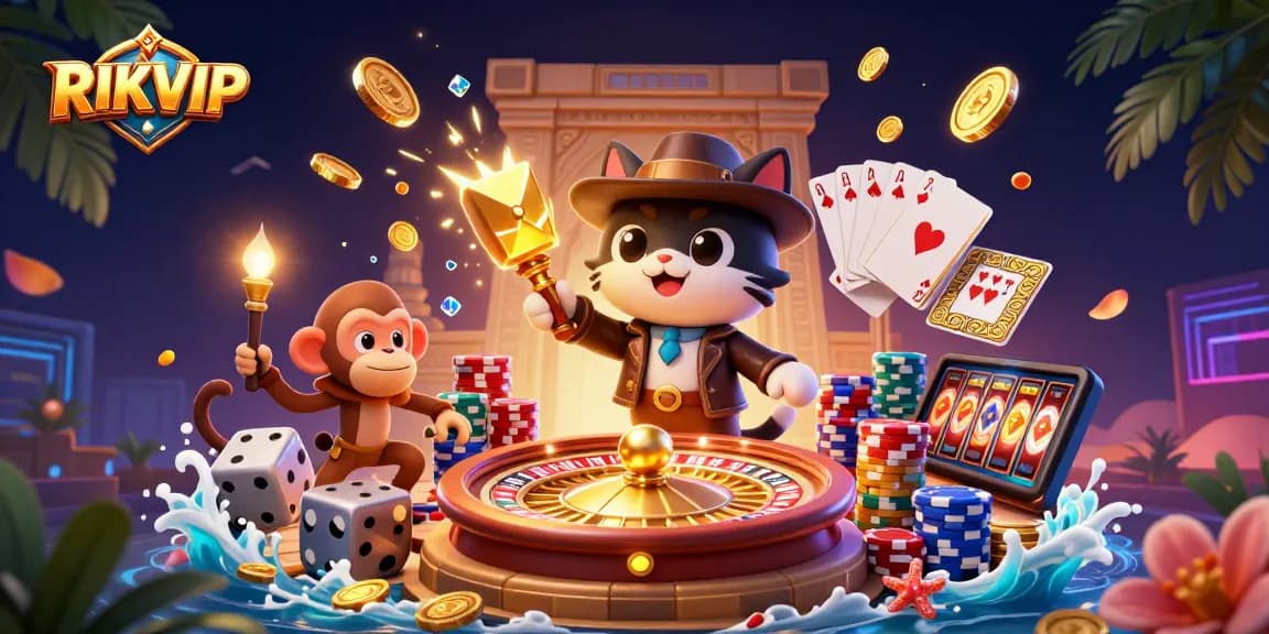 Engage with the thrilling RIKVIP gaming experience featuring vibrant casino elements and playful characters.