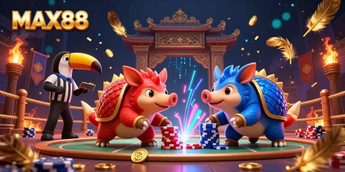 MAX88 pangolins compete in a poker chip bowling game, surrounded by casino elements and vibrant colors.