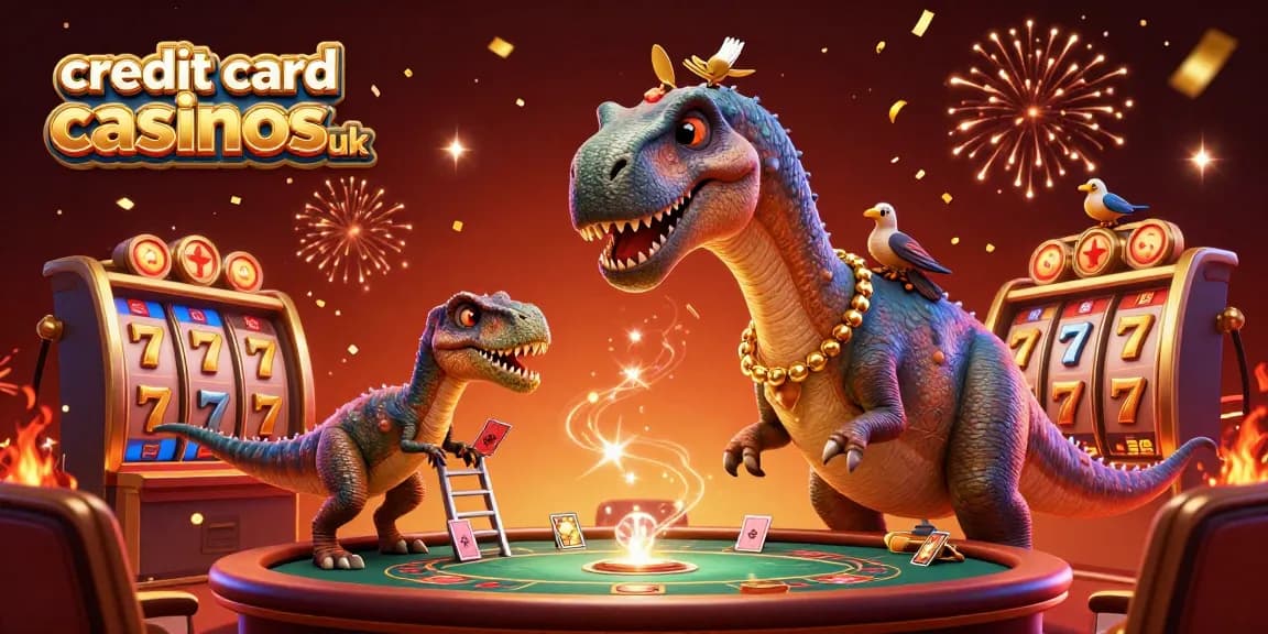 Engage with credit card casinos UK in a vibrant 3D scene featuring a dinosaur dealer.