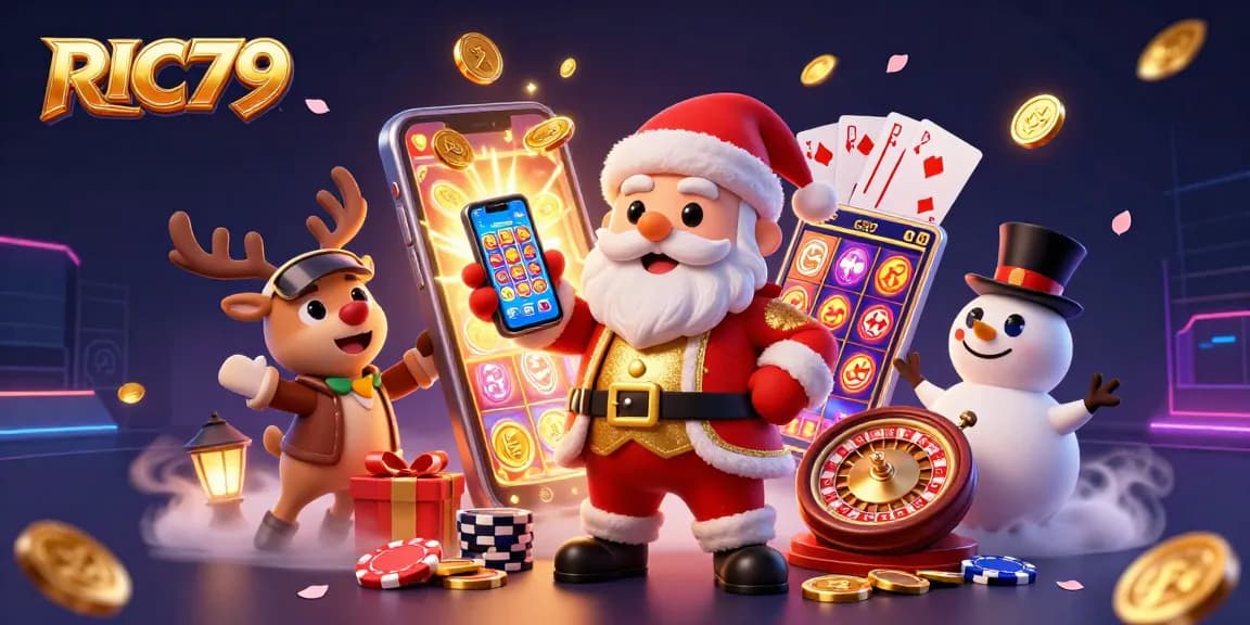 Engage with RIC79's thrilling casino experience featuring Santa, a dealer reindeer, and a poker chip snowman!