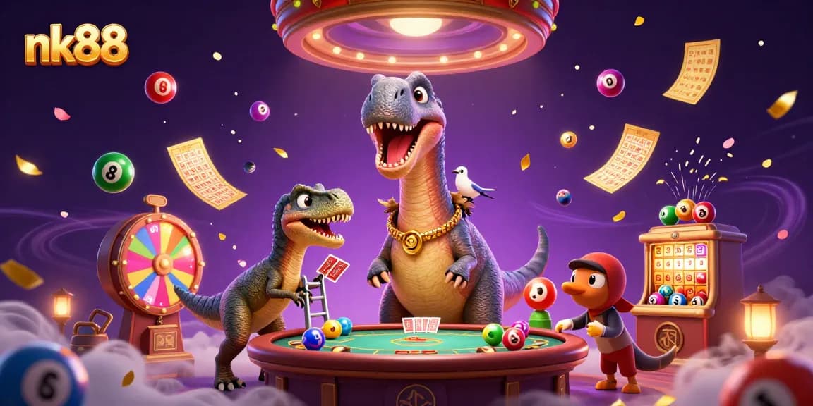 Witness a stunning nk88 themed 3D illustration featuring a brontosaurus in a lively casino setting.