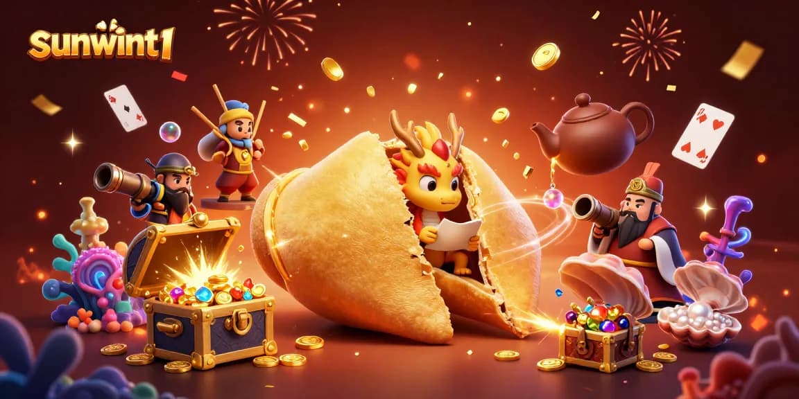 Win big with sunwint1; vibrant 3D casino illustration featuring golden fortune cookie and game elements.