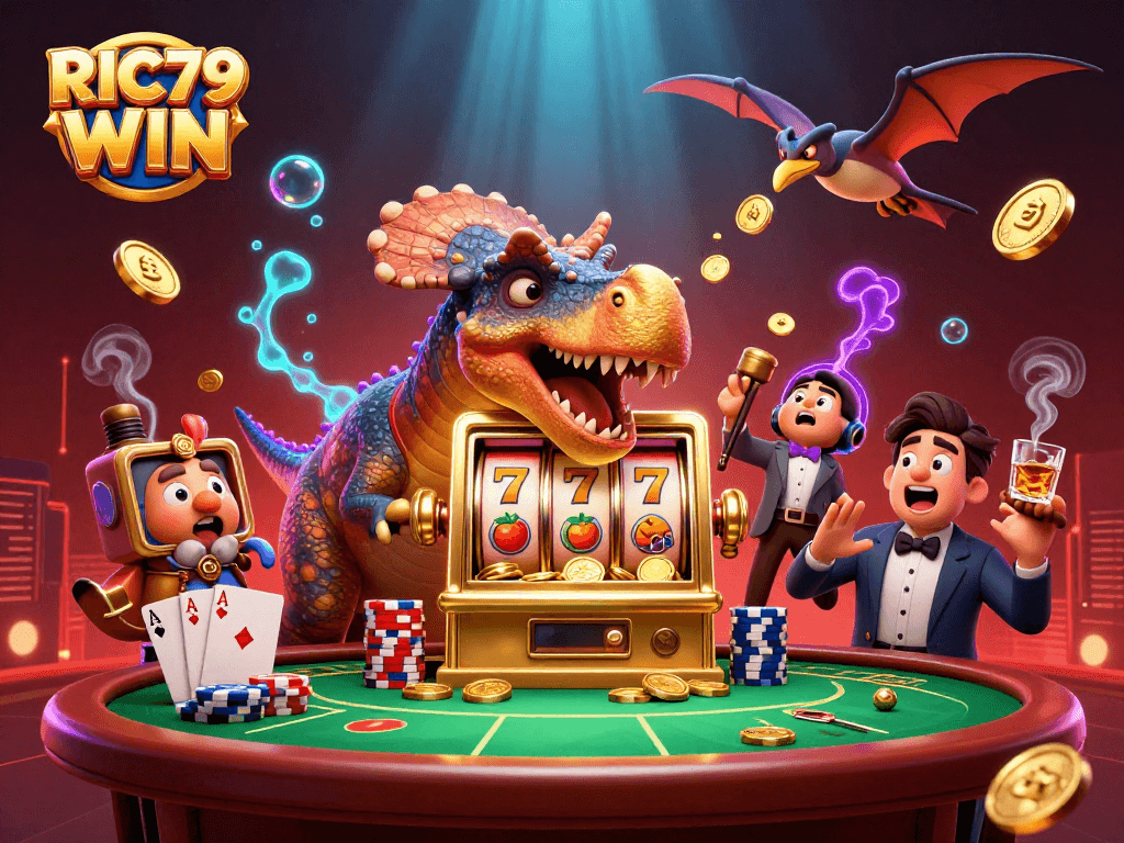 Watch RIC79 WIN as a pachycephalosaurus celebrates jackpot coins raining down in a lively casino.