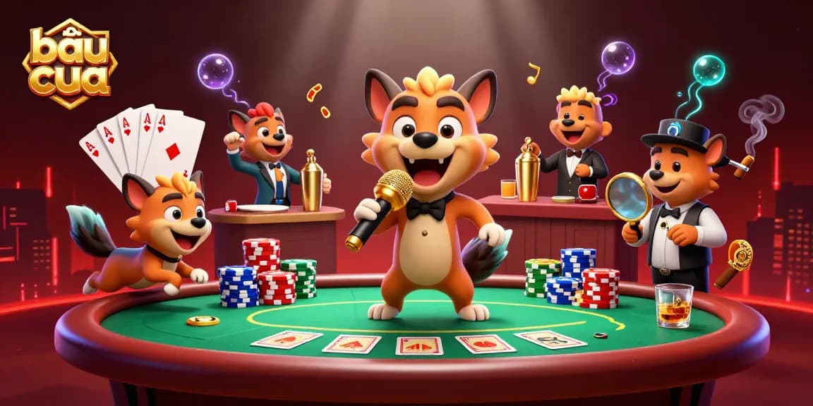 Engage in bầu cua gaming with lively hyena characters at a vibrant comedy casino club.