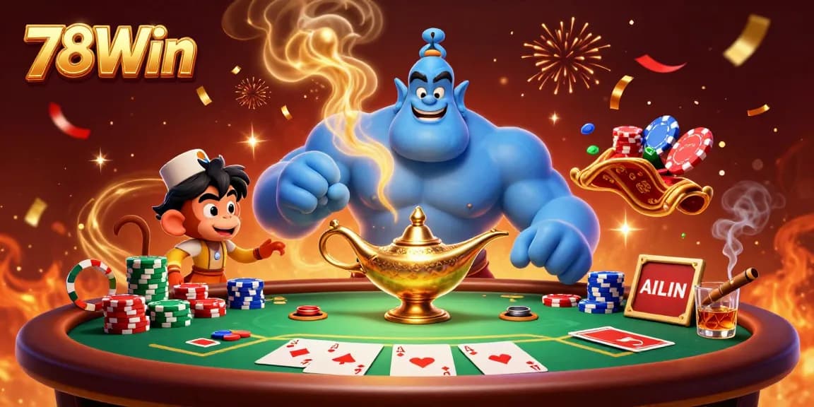 Experience the excitement of poker at 78Win with a dynamic genie, Aladdin monkey, and colorful chips.