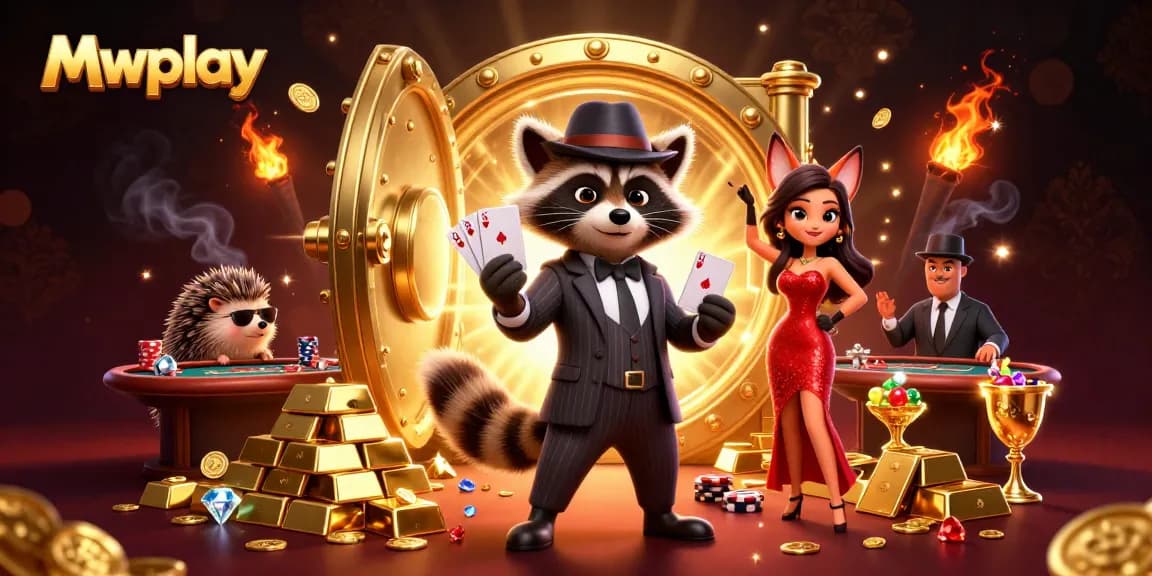 Mwplay's vibrant casino scene featuring a raccoon, fox, and hedgehog among golden treasures and poker elements.