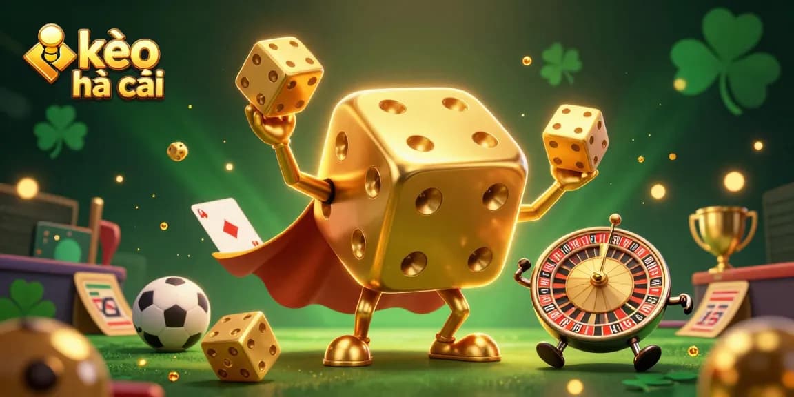 Bet on kèo nhà cái with 3D golden dice characters, sports elements, and vibrant effects.