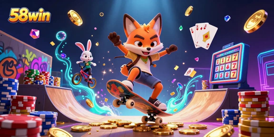 Engage in thrilling gameplay with 58win as a fox does tricks over golden poker chips.