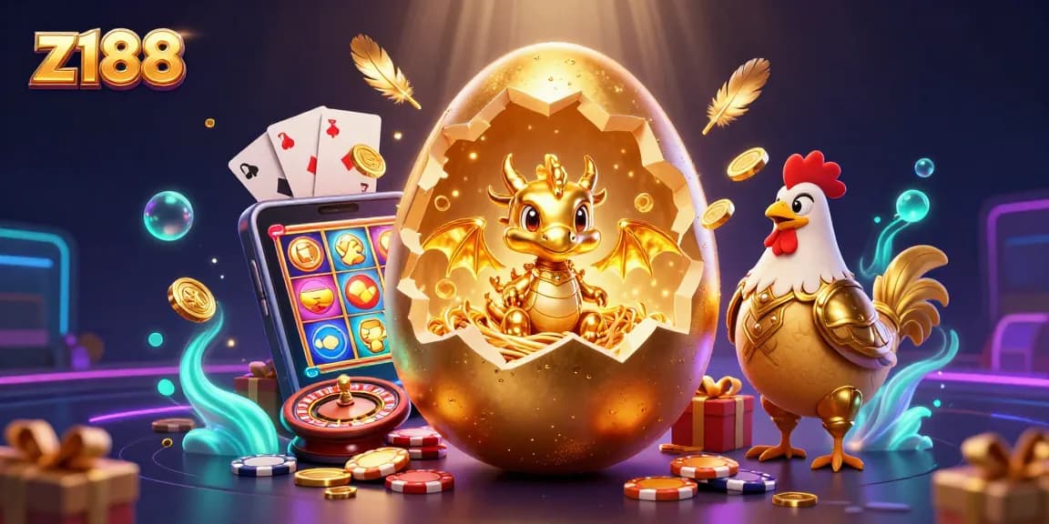 Experience thrilling gameplay at z188 with a vibrant 3D scene showcasing a golden dragon theme and slot machines.