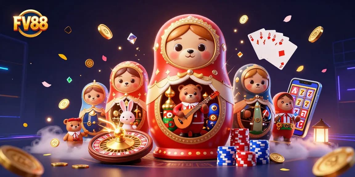 Experience the excitement of FV88 with lively casino characters, gold coins, and thrilling game elements.