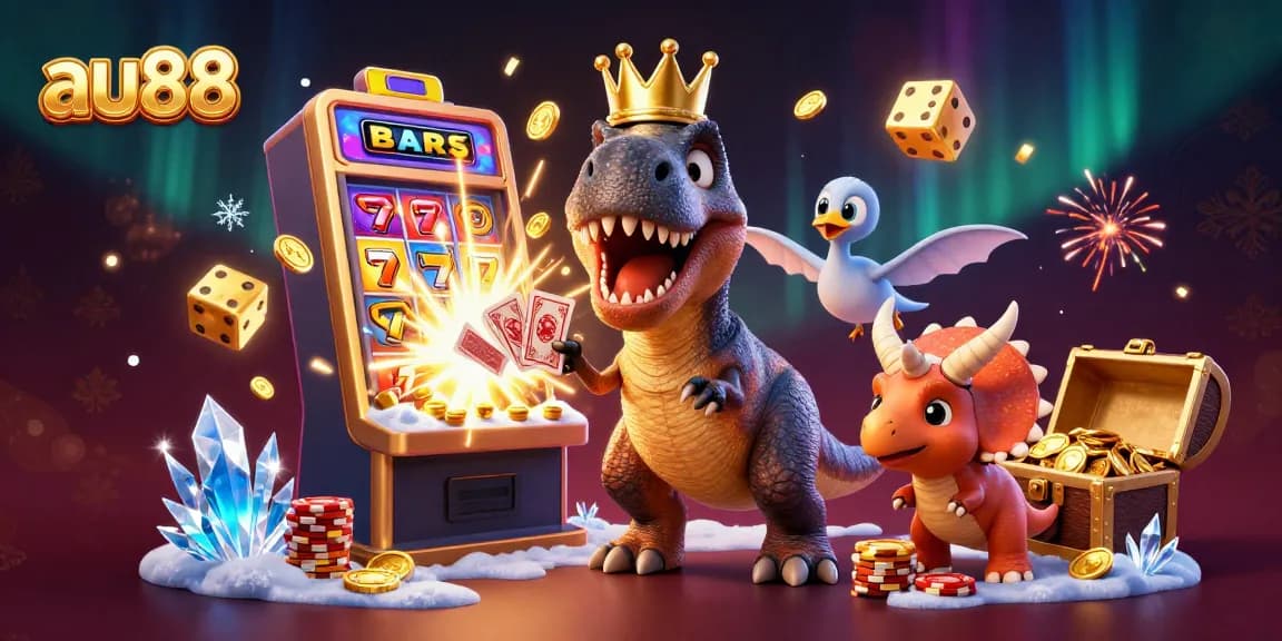 Join the fun at au88 with a vibrant illustration of a T-Rex and friends shuffling cards and stacking chips!