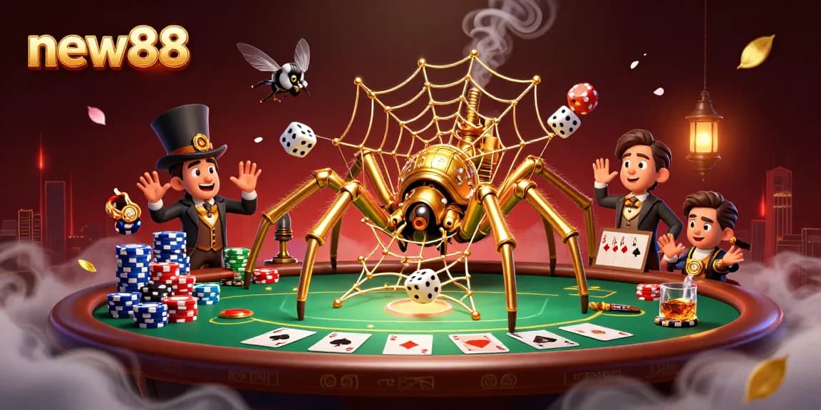 new88 showcases a vibrant casino scene with steampunk characters capturing dice and poker elements.