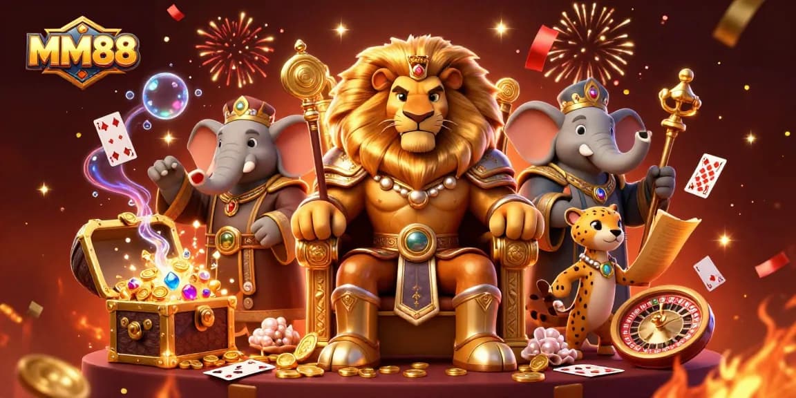 Experience thrilling gameplay with MM88, featuring a majestic lion king and casino elements.