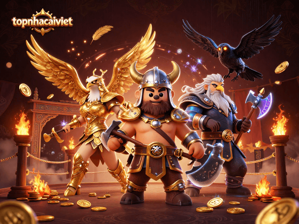 Engage with topnhacaiviet’s thrilling online casino experience featuring Viking and Valkyrie characters.