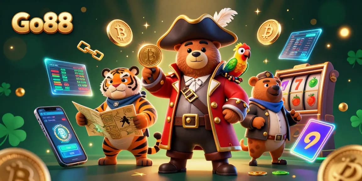 Experience the thrill of Go88 with a pirate-themed casino adventure illustration packed with dynamic elements.