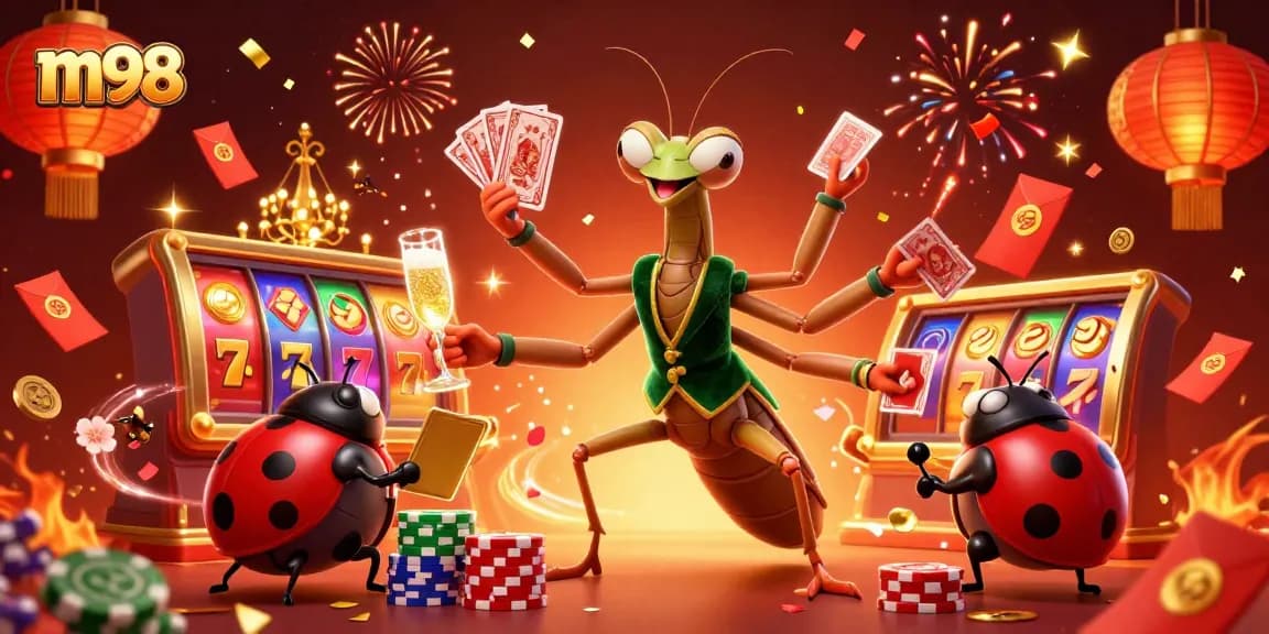 Engage with m98's vibrant casino scene featuring a lively mantis dealer and ladybug pit boss.