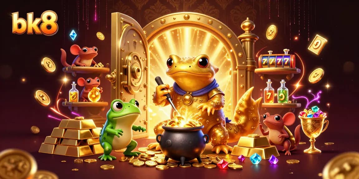 Experience thrilling jackpots with bk8 in vivid 3D, showcasing gold coins and slot reels.