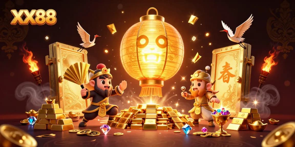 Experience the excitement of XX88's dynamic casino scene with golden treasures and lucky symbols.